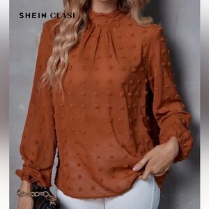 SHEIN Orange Pleated Ruffled Blouse with Mandarin Collar